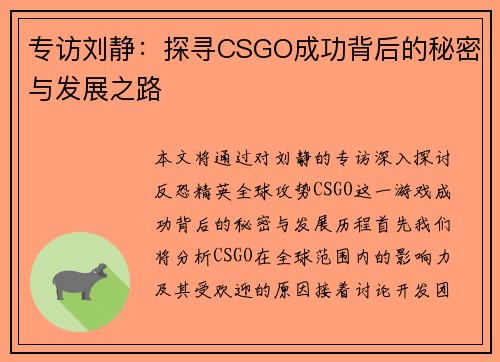 专访刘静：探寻CSGO成功背后的秘密与发展之路